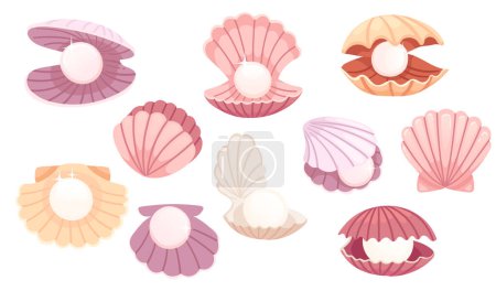 Illustration for Set of opened and closed pink clam with pearl inside seashell vector illustration isolated on white background. - Royalty Free Image