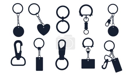 Illustration for Black silhouette set of metal keychain with ring and chain vector illustration isolated on white background. - Royalty Free Image