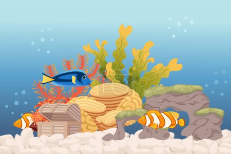 Illustration for Aquarium with fishes grass stones and decorative items vector illustration isolated on white background. - Royalty Free Image