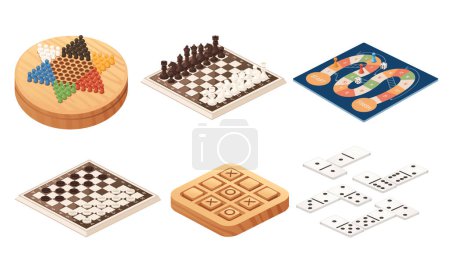 Colección de diferentes juegos de mesa con tablas de madera o ilustración vectorial de papel aislado sobre fondo blanco