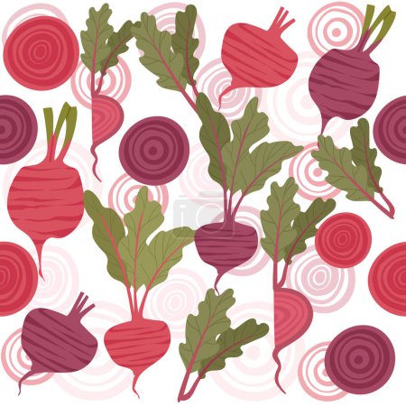 Seamless pattern of beetroot with green leaves tasty sweet vegetable vector illustration on white background.