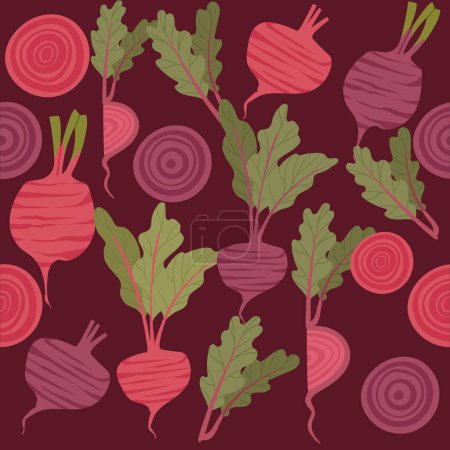 Seamless pattern of beetroot with green leaves tasty sweet vegetable vector illustration on dark background.