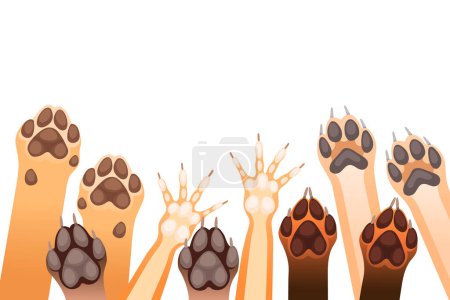 Tierische Pfoten in einer Reihe Fuchs Eichhörnchen und Katze Vektor Illustration isoliert auf weißem Hintergrund.
