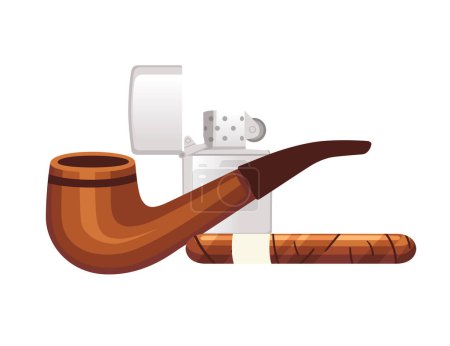 Wooden classic smoke pipe with cigar and lighter vector illustration isolated on white background.