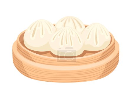 Traditional Chinese steamed pork bun Baozi on bamboo round tray vector illustration isolated on white background.