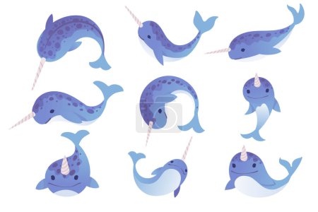 Illustration for Set of cute narwhal mammal arctic animal with horn cartoon animal design vector illustration isolated on white background. - Royalty Free Image