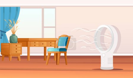 Wohnzimmereinrichtung mit Möbeln und blasenlosem Ventilator einfache minimalistische Vektor-Illustration.