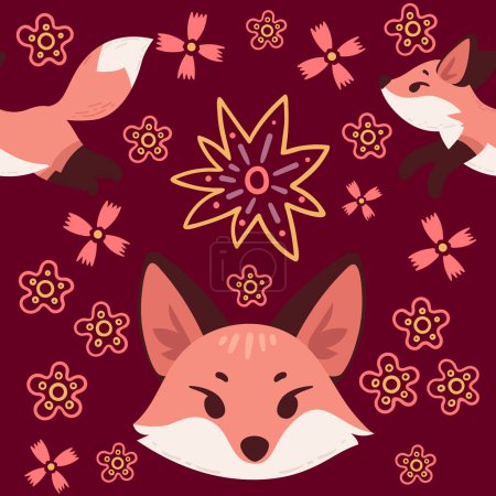 Seamless pattern cute red fox cartoon animal design vector illustration on red background.