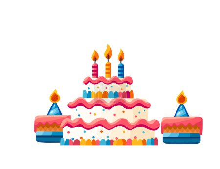 Horizontal greetings card design with birthday cake candle and HAPPY BIRTHDAY banner vector illustration isolated on white background.