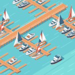 Three-dimensional isometric view showcasing marina pier sailboat and yacht harbor vector illustration.