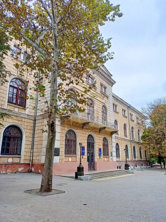Foto de Panorama de una institución de educación superior situada en un antiguo edificio de Odessa sobre el fondo de un cielo nublado de otoño. - Imagen libre de derechos