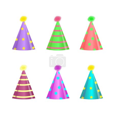 Casquettes de vacances lumineuses et colorées sur fond blanc. Chapeaux en forme de cône pour diverses fêtes heureuses. Illustration vectorielle
