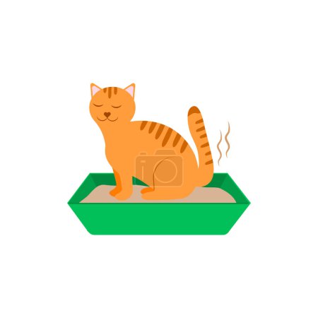 Illustration for Cartoon cat pooping in litter box. Cute and funny kitty drawing. Pet life vector illustration - Royalty Free Image