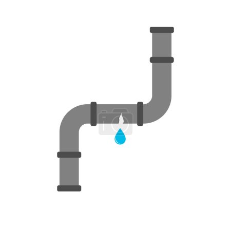 Broken metal pipe bend with leaking water, flat style vector illustration. Part of the pipeline