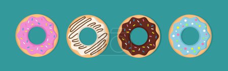 Donut vector set isolated on green background. Donut Collection. Sweet powdered sugar donuts. break time with white chocolate, strawberry and chocolate donuts on top