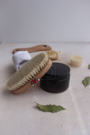 Natural Spa Set with bristle brush. Dry body brushing, Ayurvedic wellness concept, Relaxing Self-Care Routine 