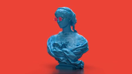 Foto de 3d renderizar escultura de una mujer en color azul sobre un fondo rojo fanfone pop art - Imagen libre de derechos
