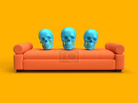 3d render three blue skeletons on an orange sofa on a yellow background of bright colors