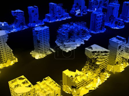 Photo for 3d render ruined ukrainian houses on a black background the color of the ukrainian flag - Royalty Free Image