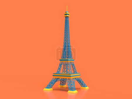 Foto de 3d hacer dibujos animados torre eiffel azul-amarillo sobre un fondo naranja brillante - Imagen libre de derechos