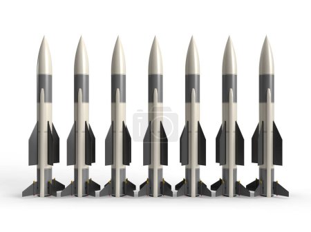 Téléchargez les photos : 3d rendre de nombreux missiles debout verticalement dans une rangée sur un fond blanc guerre en ukraine - en image libre de droit