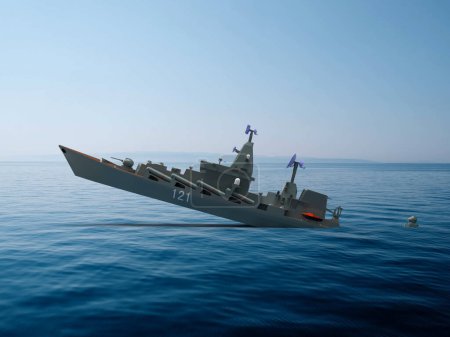 Foto de 3d rendir buque de guerra ruso Moscú se está hundiendo en el mar alineado con Ucrania - Imagen libre de derechos