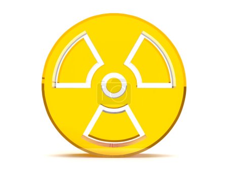 Foto de 3d renderizar signo de radiación amarilla vidriosa con transparencia amarilla sobre un fondo blanco - Imagen libre de derechos