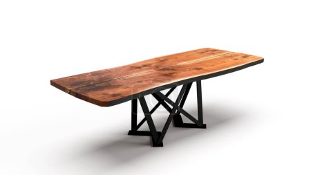 Téléchargez les photos : Table loft en bois massif rendu 3d avec pieds noirs en fer rectangulaire en perspective vente de tables de meubles - en image libre de droit
