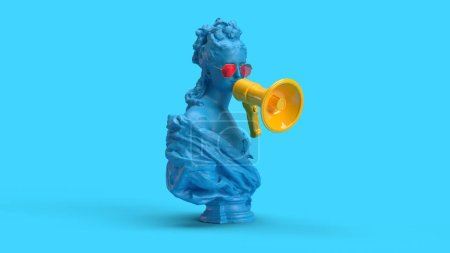 3d render blue woman with yellow megaphone in blue background attention sale ads