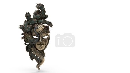 Téléchargez les photos : 3d rendre bronze antique masque de carnaval féminin avec des plumes sur un fond blanc - en image libre de droit