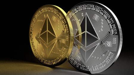 Photo for 3d render two ethereum coins gold and silver cryptocurrency - Royalty Free Image
