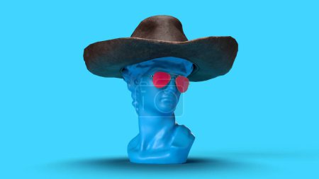 Photo for 3d render minimalism blue bust man in cowboy hat - Royalty Free Image