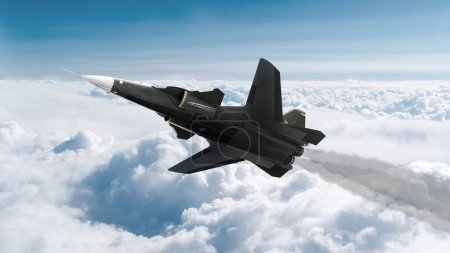 3D-Darstellung eines Kampfflugzeugs fliegt in den Rahmen, man sieht die Spannweite, Kumuluswolken, den Krieg zwischen der Ukraine und Russland