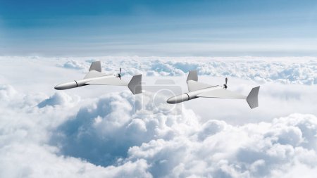 3D-Rendering zwei Drohnen von Shahed fliegen das Ziel in den Wolken des Himmels Krieg Ukraine-Russland Iran Saudi-Arabien 