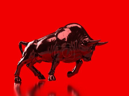 Foto de 3d render matador black dynamic bull in motion on a red background - Imagen libre de derechos