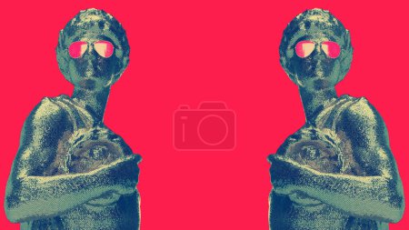 3d render two metal statues green shiny in glasses in rose background