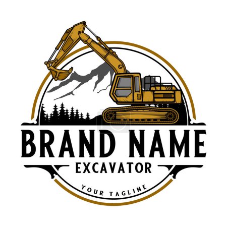 Photo for Excavator vector logo. mountain and pine tree excavators for construction, land clearing and construction companies. - Royalty Free Image
