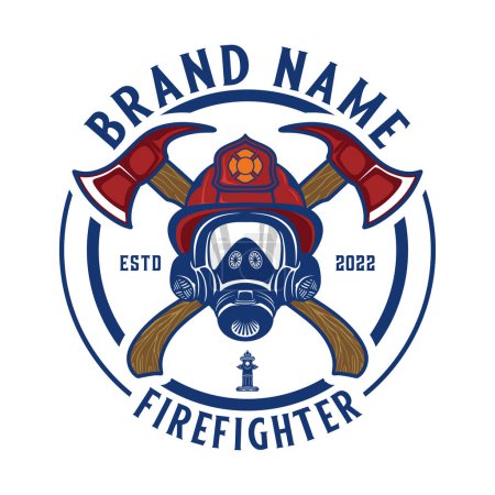 Téléchargez les illustrations : Conception de logo pompier. avec le concept d'une hache et d'un casque de pompier - en licence libre de droit
