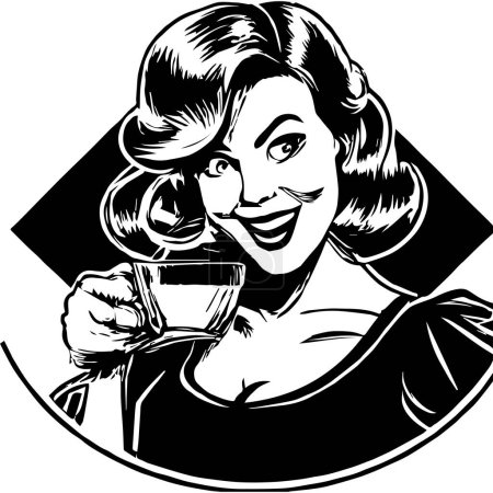 Téléchargez les illustrations : Vintage Advertising Woman Drinking Coffee Black And White Vector Style. Based on Generative AI. - en licence libre de droit