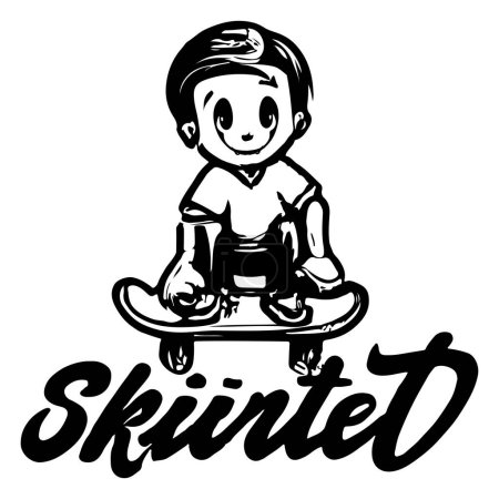 Illustration for Cute Boy On Skateboard Vector Logo Black And White Style. - Royalty Free Image