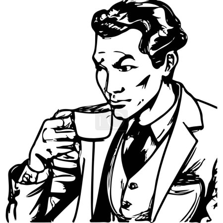 Illustration for Vintage Man Drinking Coffee Black And White Comic Style. - Royalty Free Image