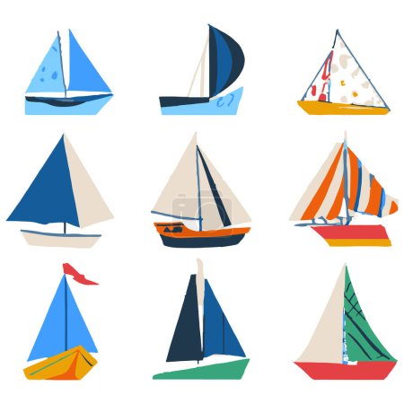 Illustration for Beautiful Types Of Sailing Shpis Colorful Vector Icons Separated On White Background. Handmade vector art. - Royalty Free Image