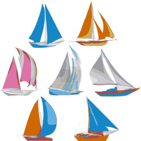 Illustration for Colorful Vector Icons Of Sailing Ships Separated On White Background. Handmade vector art. - Royalty Free Image