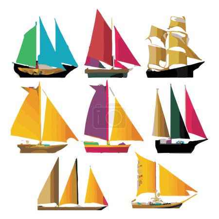 Illustration for Beautiful Types Of Sailing Ships Colorful Vector Icons Separated On White Background. Handmade vector art. - Royalty Free Image