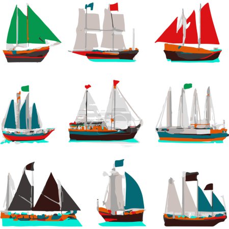 Illustration for Vector Icons Of Sailing Ships Separated On White Background. Handmade vector art. - Royalty Free Image