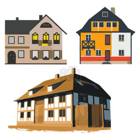 Illustration for Set Of Vector Icons Of German Single Family Houses Separated On White. Handmade vector art. - Royalty Free Image