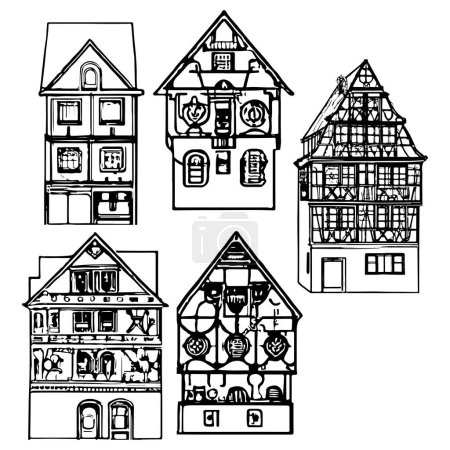 Téléchargez les illustrations : Set Of Outline Vector Drawings Of Old German Houses Icons. Handmade vector art. - en licence libre de droit