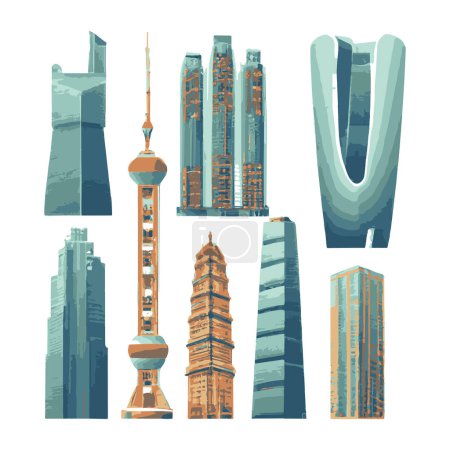 Ilustración de Set Of Colorful Vector Icons Of Asian Skyscrapers Separated On White. Handmade vector art. - Imagen libre de derechos