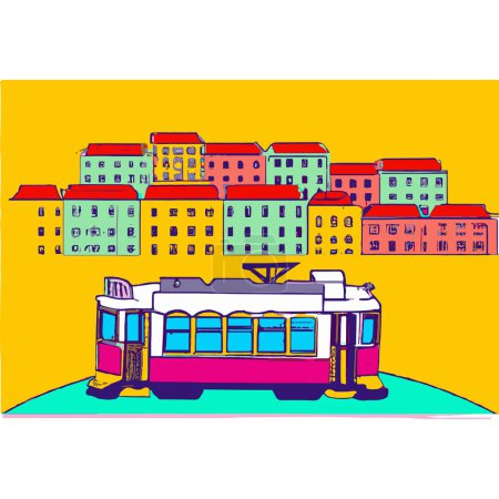 Ilustración de Lisboa, Portugal City Skyline y Tranvía Ilustración - Imagen libre de derechos