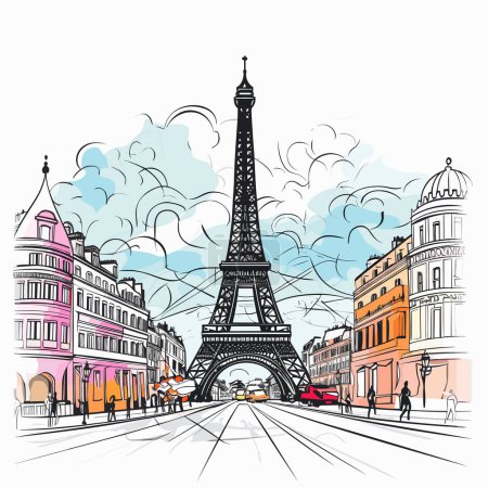 Szkic wieży Eiffla w Paryżu, W stylu kolorowych scen ulicznych, Gradienty kolorów, Sky-Blue i Magenta, Monochromatyczne krajobrazy, Jasnoczerwony i brązowy, Fantastic Street